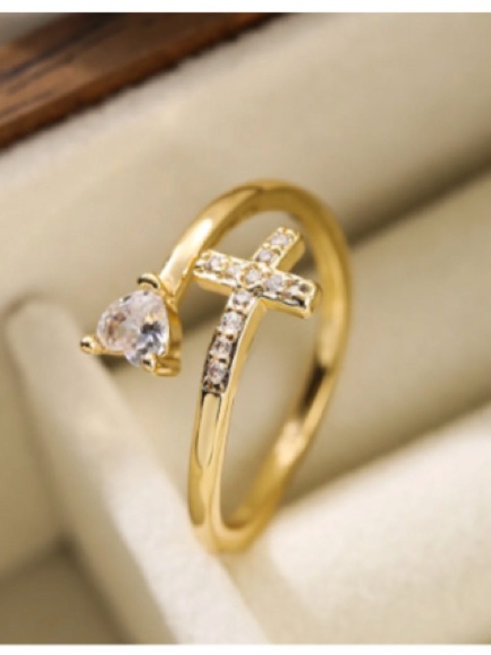 Gold Cross and Crystal Accent Open Ring - Women Jewelry